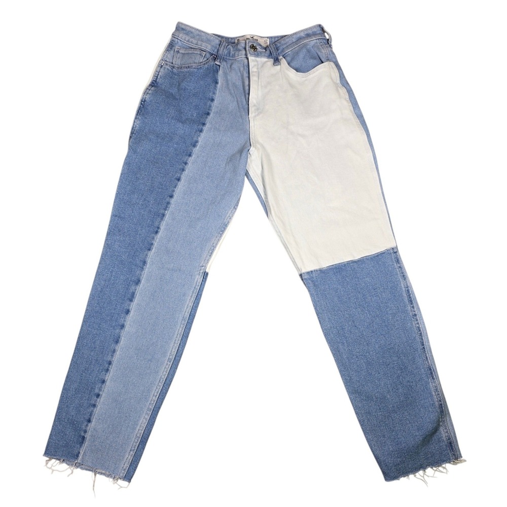 Hollister Colorblock Patchwork Curvy‎ High-Rise Mom Jeans Blue White 5R W27 L27